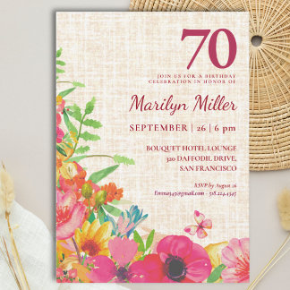 70th Birthday Bold Floral Linen Celebration Invitation