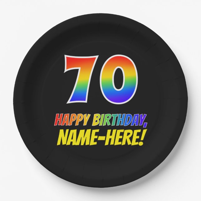70th Birthday: Bold, Fun, Simple, Rainbow 70 Paper Plates (Front)