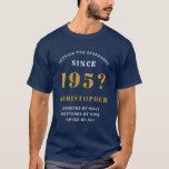 70th Birthday Born 1951 Add Name Year Personalized T-Shirt<br><div class="desc">The 70th birthday personalized navy blue t-shirt for that special person that sets the standards. For those turning 70 this is a bold, elegant white and gold print that allows you to add the name of your choice and the year of birth. A wonderful surprise party addition for that 70...</div>