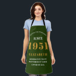 70th Birthday Born 1951 Green Gold Lady's Apron<br><div class="desc">A personalized classic green apron design for that birthday celebration for somebody born in 1951 and turning 70. Add the name to this vintage retro style white and gold design for a custom 70 birthday gift. Easily edit the name and year with the template provided. A wonderful custom birthday gift....</div>
