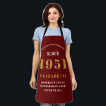 70th Birthday Born 1951 Red Gold Lady's Apron<br><div class="desc">A personalized classic red apron design for that birthday celebration for somebody born in 1951 and turning 70. Add the name to this vintage retro style white and gold design for a custom 70 birthday gift. Easily edit the name and year with the template provided. A wonderful custom birthday gift....</div>