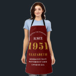 70th Birthday Born 1951 Red Gold Lady's Apron<br><div class="desc">A personalized classic red apron design for that birthday celebration for somebody born in 1951 and turning 70. Add the name to this vintage retro style white and gold design for a custom 70 birthday gift. Easily edit the name and year with the template provided. A wonderful custom birthday gift....</div>