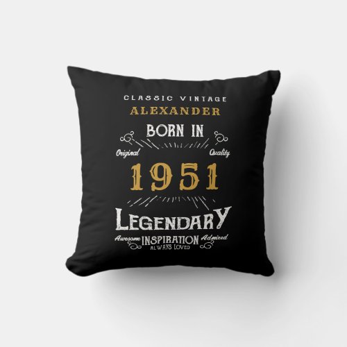 70th Birthday Born 1951 Retro Black Personalized Throw Pillow