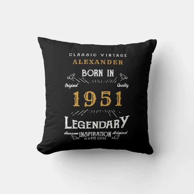 70th Birthday Born 1951 Retro Black Personalized Throw Pillow (Front)