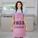 70th Birthday Born 1953 Pink Black Lady's Apron<br><div class="desc">A personalized classic pink apron design for that birthday celebration for somebody born in 1953 and turning 70. Add the name to this vintage retro style pink, white and black design for a custom 70 birthday gift. Easily edit the name and year with the template provided. A wonderful custom birthday...</div>