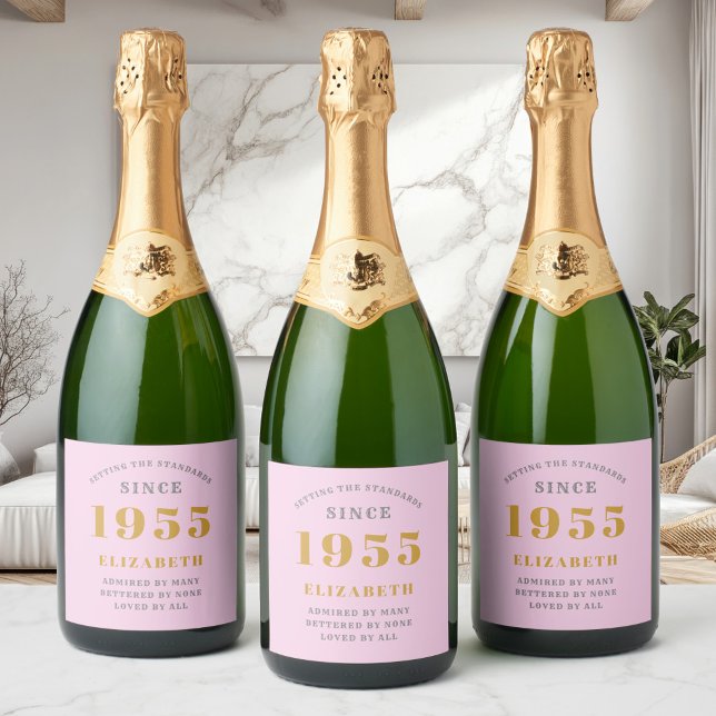 70th Birthday Born 1955 Add Name Pink Grey Sparkling Wine Label (Custom pink 70th birthday sparkling wine labels on 3 bottles.)