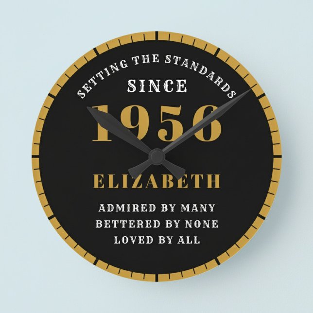 70th Birthday Born 1956 Black Gold Round Clock (Born 1956 standards birthday clock. Pastel background.)