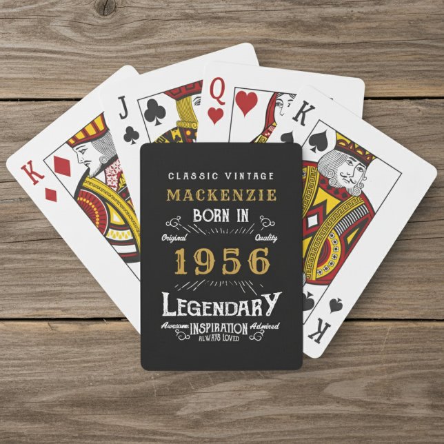 70th Birthday Born 1956 Legend Black Gold Poker Cards (Born 1956 playing cards. Wood  background.)