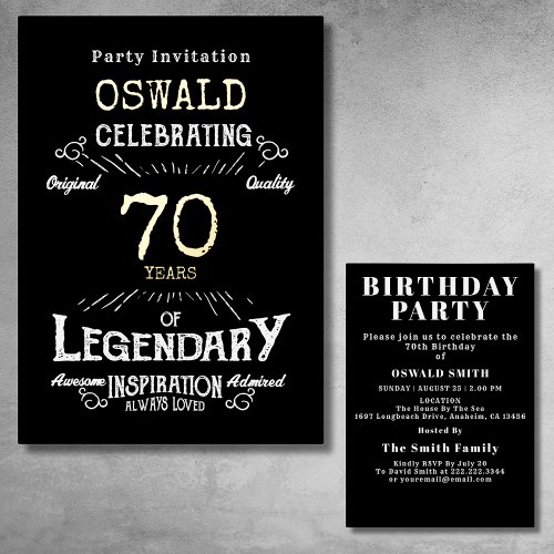 70th Birthday Born Legendary Black Gold Retro Foil Invitation