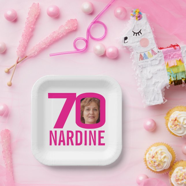 70th birthday bright pink white 70 custom photo paper plates (Party)