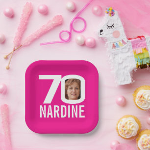 70th birthday bright pink white 70 custom photo paper plates
