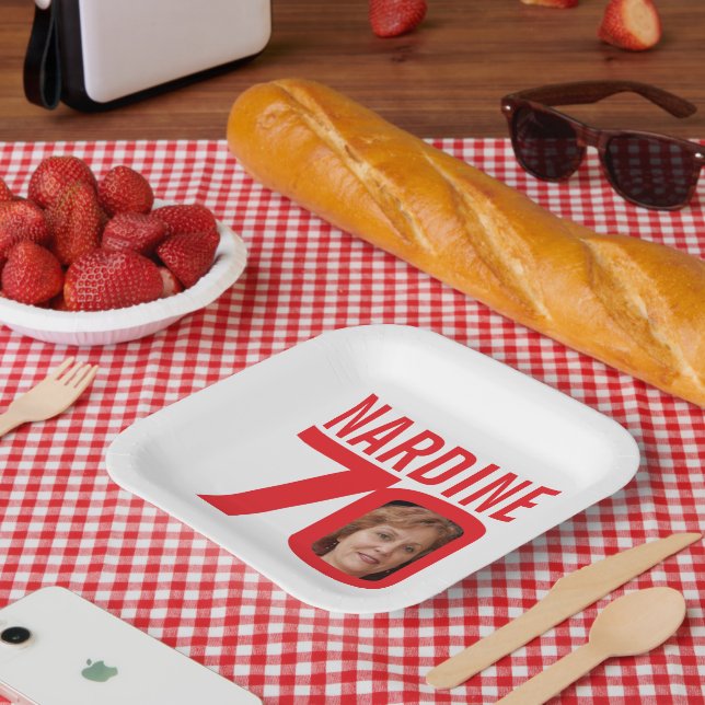 70th birthday bright red white 70 custom photo paper plates (Picnic)