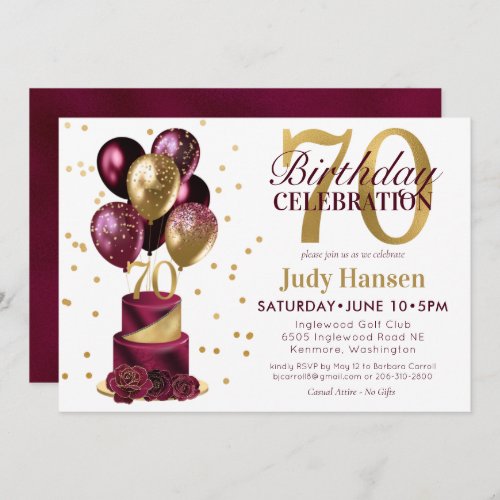 70th Birthday Burgundy Cake Invitation