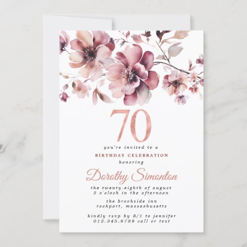 70th Birthday Burgundy Dusty Blush Pink Floral Invitation