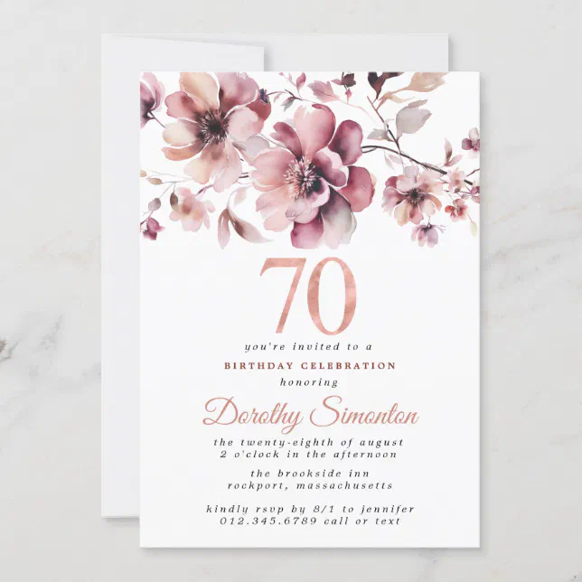 70th Birthday Burgundy Dusty Blush Pink Floral Invitation | Zazzle