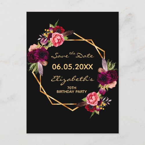 70th birthday burgundy floral black Save the Date Postcard