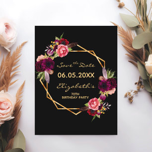 70th birthday burgundy floral black Save the Date Postcard