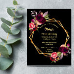 70th birthday burgundy floral gold geometric black invitation<br><div class="desc">On front: An invitation for a 70th birthday party. A chic black background with a faux gold geometric frame. Decorated with dark burgundy and pink flowers, roses and boho style feathers. Templates for a name and party details. The name is written with a hand lettered style script, golden colored letters....</div>