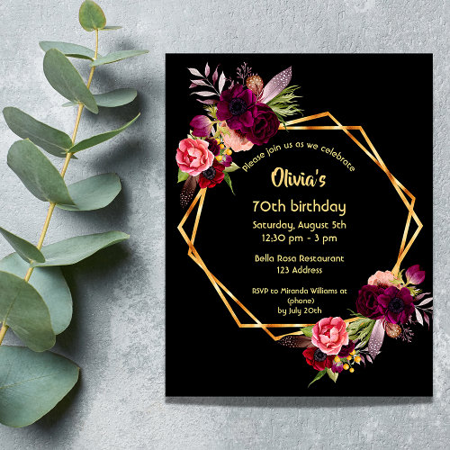 70th birthday burgundy floral gold geometric black