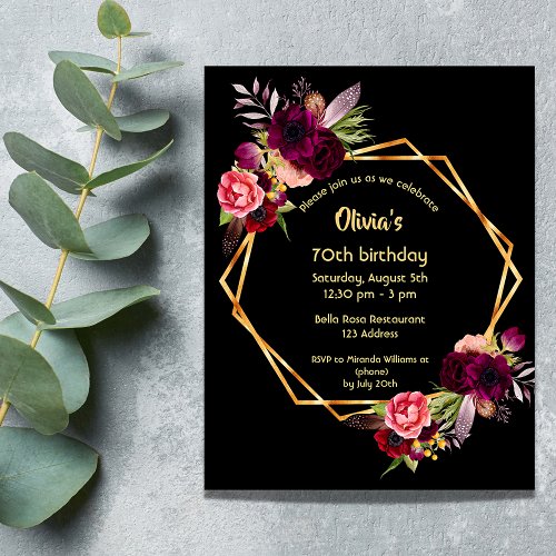 70th birthday burgundy floral gold geometric black invitation