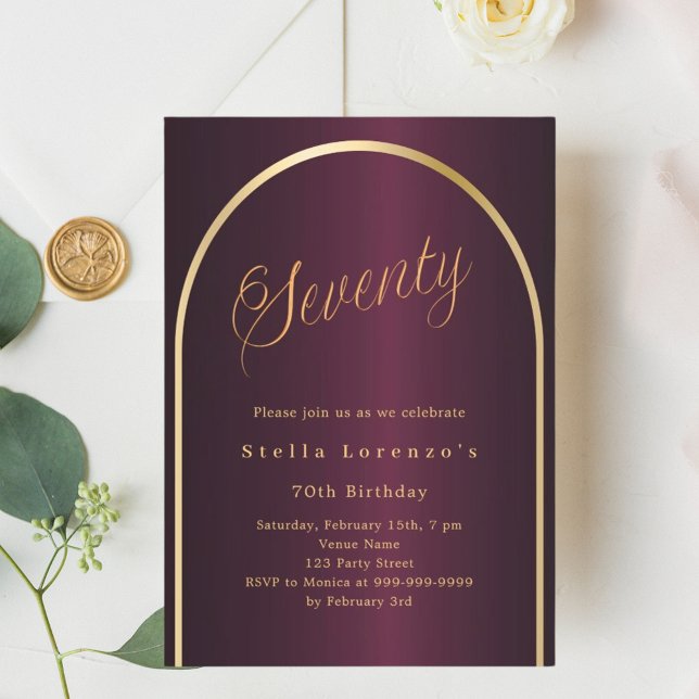 70th birthday burgundy gold arch script elegant invitation (Creator Uploaded)