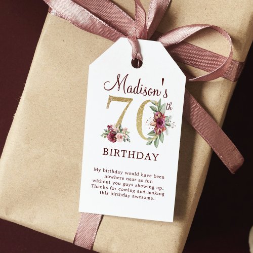 70th Birthday Burgundy Gold Floral Personalized Gift Tags