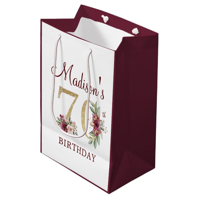 70th Birthday Burgundy Gold Floral personalized Medium Gift Bag (Front Angled)