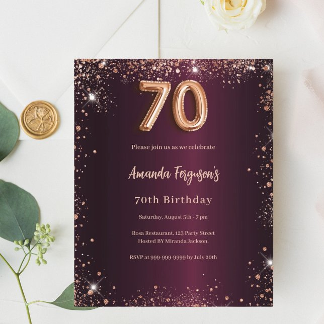 70th birthday burgundy gold invitation (Creator Uploaded)