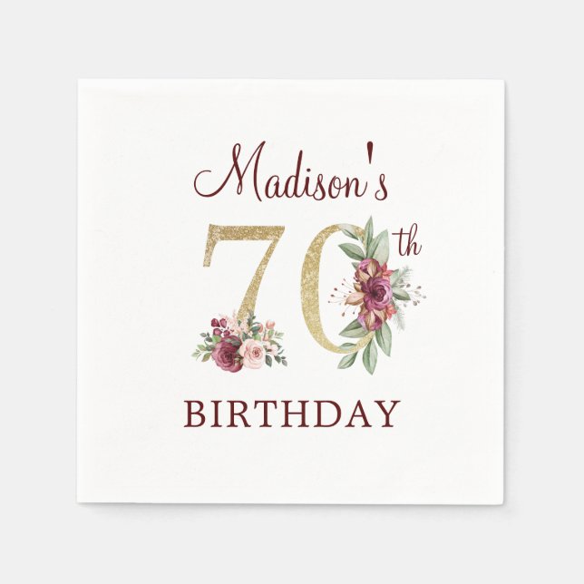 70th Birthday Burgundy Gold Personalized Napkins (Front)