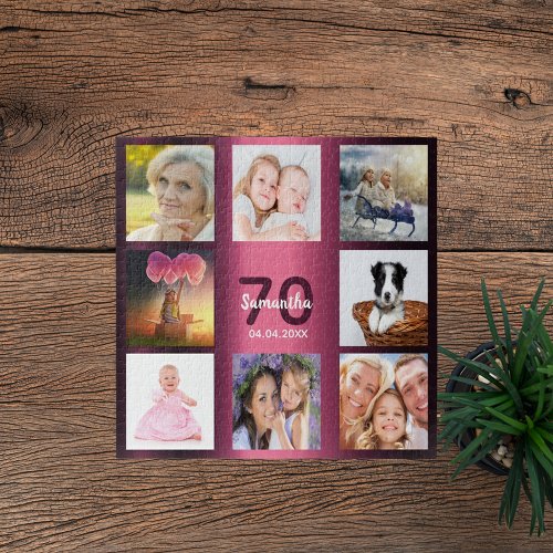70th birthday burgundy name photo collage jigsaw puzzle