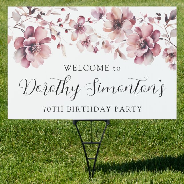 70th Birthday Burgundy Pink Floral Welcome Yard  Sign (Insitu)