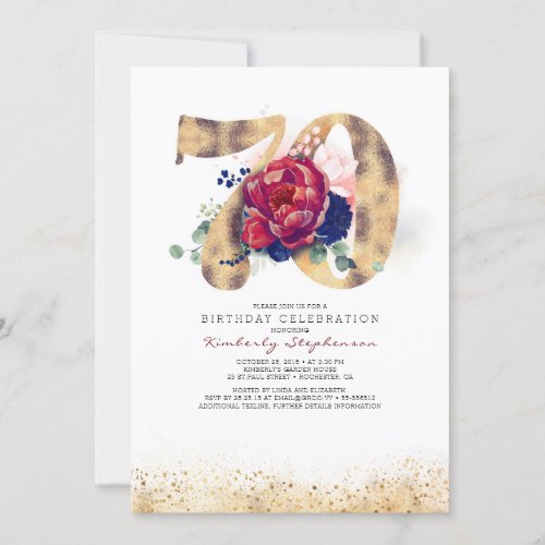 70th Birthday Burgundy Red and Navy Blue Invitation