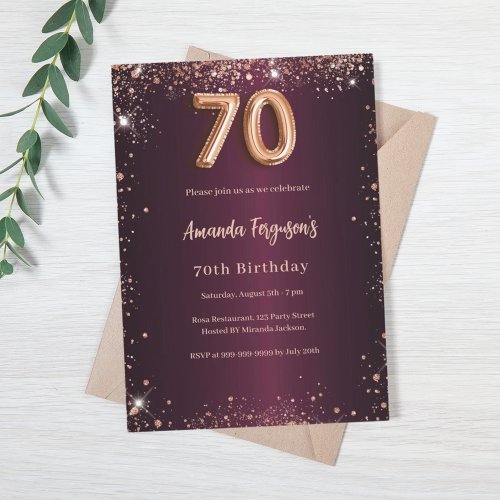 70th birthday burgundy rose gold glitter invitation