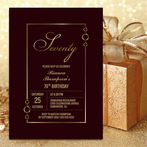 70th Birthday Burgundy with Gold Frame Party Invitation
