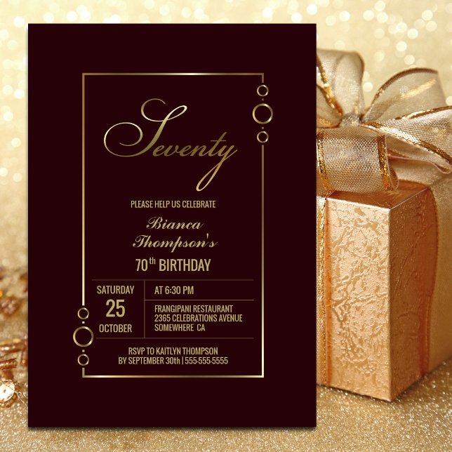 70th Birthday Burgundy with Gold Frame Party Invitation (Creator Uploaded)