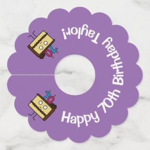 70th Birthday Cake with Candles chocolate icing Wine Glass Tag