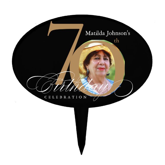 70th Birthday Calligraphy Elegant Black Gold Photo Cake Topper (Front)
