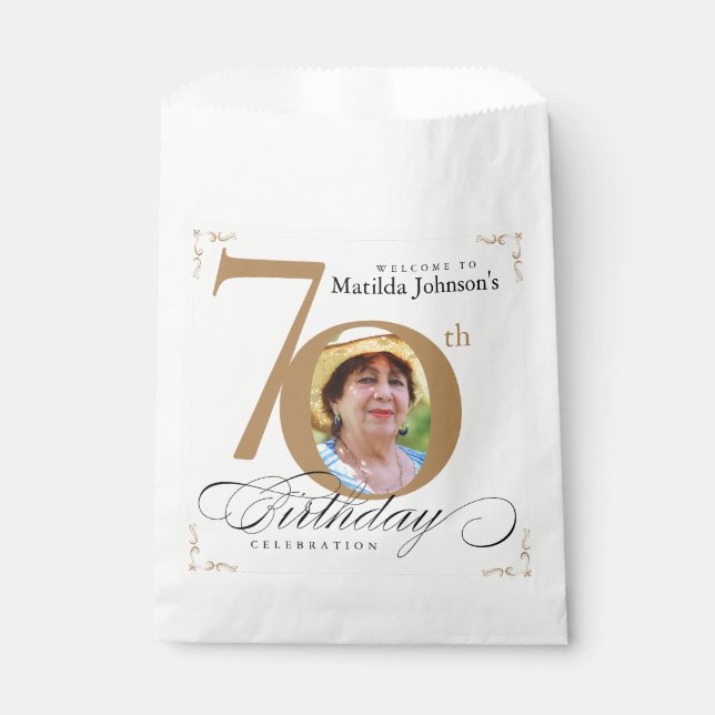 70th Birthday Calligraphy Gold White Elegant Photo Favor Bag (Front)