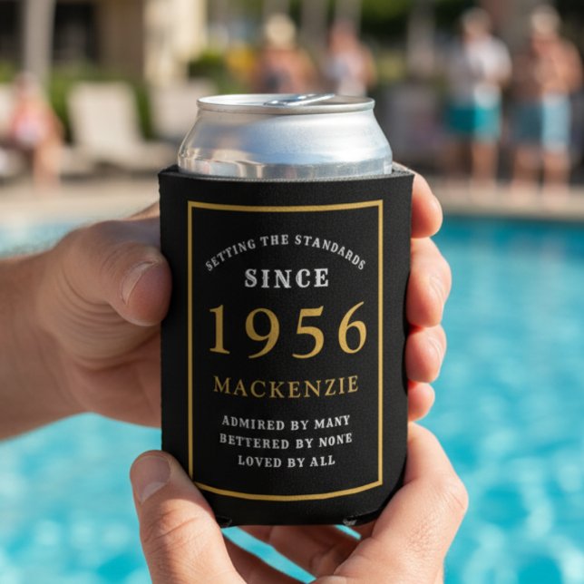 70th Birthday Can Cooler Gift for Men Personalized (70th birthday personalized black and gold can cooler with a pool in the background)