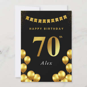 70th Birthday Card Black and Gold Balloons