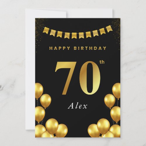 70th Birthday Card Black and Gold Balloons