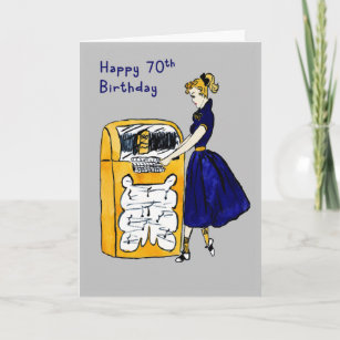 70th Birthday Card Retro Juke Box & Lady