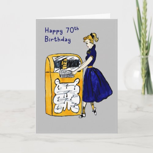 70th Birthday Card Retro Juke Box  Lady