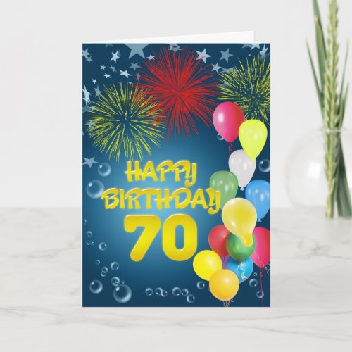 70th Birthday card with fireworks and balloons