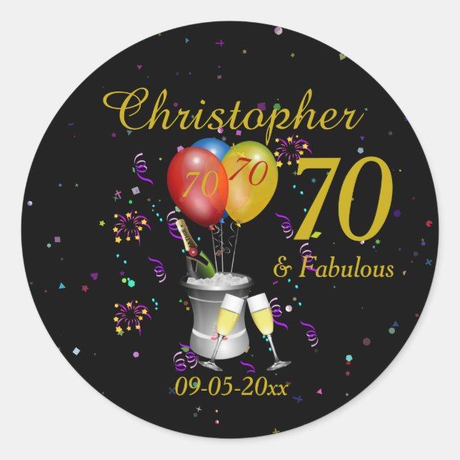 70th Birthday Celebration Black Classic Round Sticker (Front)