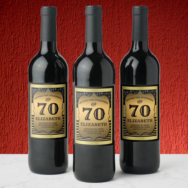 70th Birthday Celebration Black & Gold Standards Wine Label (Creator Uploaded)