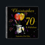 70th Birthday Celebration Black Party Guest Notebook<br><div class="desc">A stylish 70th birthday party guest book, with sparkling wine bucket glasses , age balloons and confetti all on a black background with gold colored text. This fabulous birthday guest book makes a fabulous gift or party memento. Perfect for milestone birthdays such as 40th, 50th 60th 70th 80th 90th and...</div>