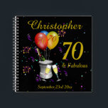 70th Birthday Celebration Black Party Guest Notebook<br><div class="desc">A stylish 70th birthday party guest book, with sparkling wine bucket glasses , age balloons and confetti all on a black background with gold colored text. This fabulous birthday guest book makes a fabulous gift or party memento. Perfect for milestone birthdays such as 40th, 50th 60th 70th 80th 90th and...</div>
