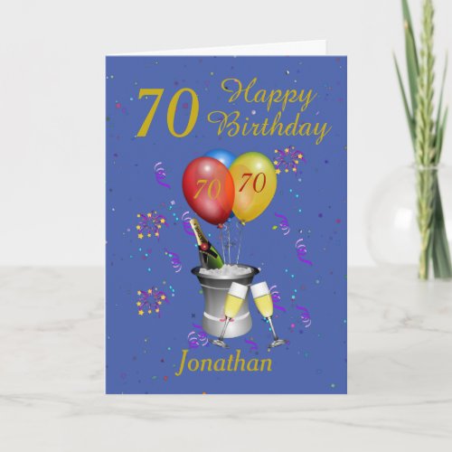 70th Birthday Celebration Blue Gold Card