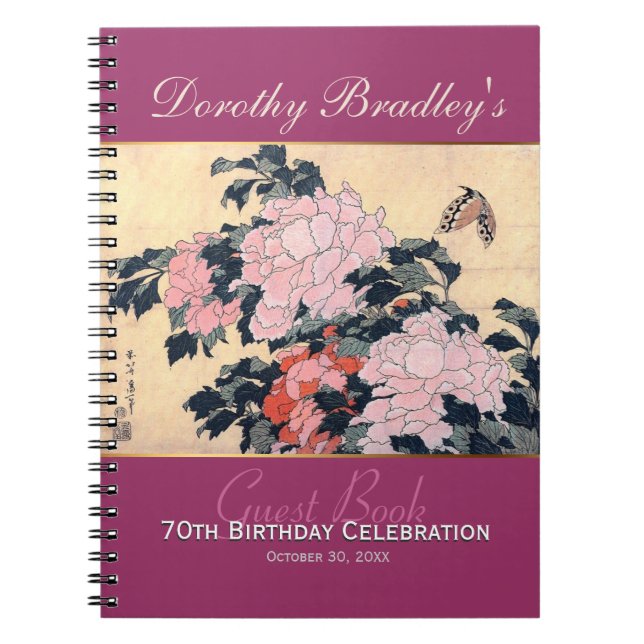 70th Birthday Celebration Butterfly Peonies Guest Notebook (Front)